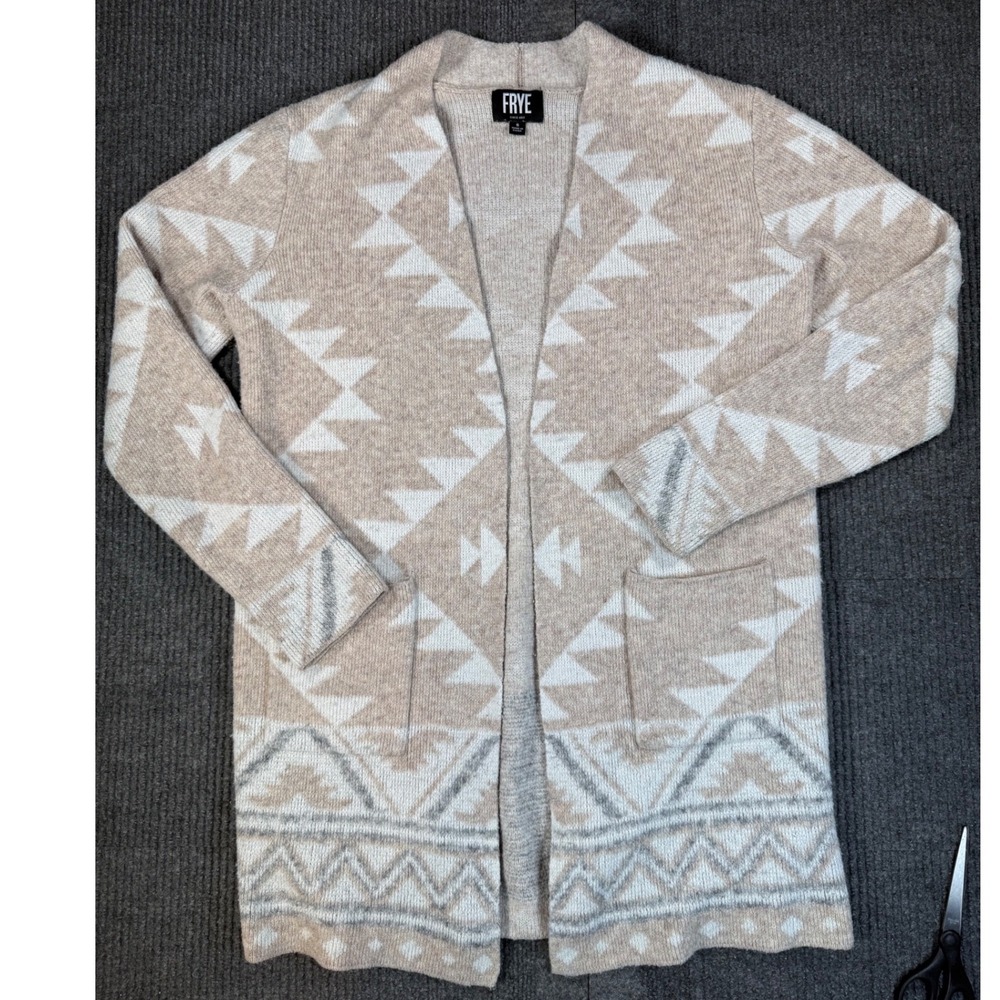 Frye Womens Southwestern Geometric Longline Cardigan Sweater Tan Cream Small
